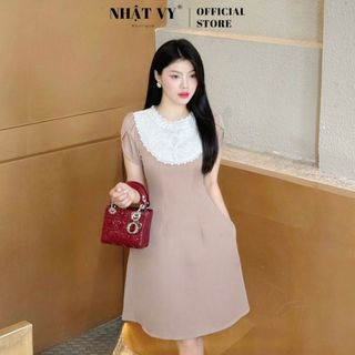 Đầm công sở Nhật Vy cổ tròn phối ren tay ngắn dáng xoè chất liệu lụa phù hợp đi làm dự tiệc dạo phố thanh lịch - D2911