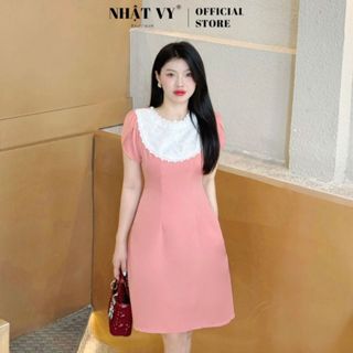 Đầm công sở Nhật Vy cổ tròn phối ren tay ngắn dáng xoè chất liệu lụa phù hợp đi làm dự tiệc dạo phố thanh lịch - D2911