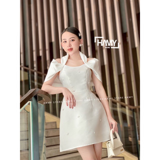 Đầm Bệt Vai Trắng Đính