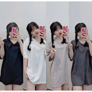 Áo phông cổ tim trơn form rộng chất cotton mát