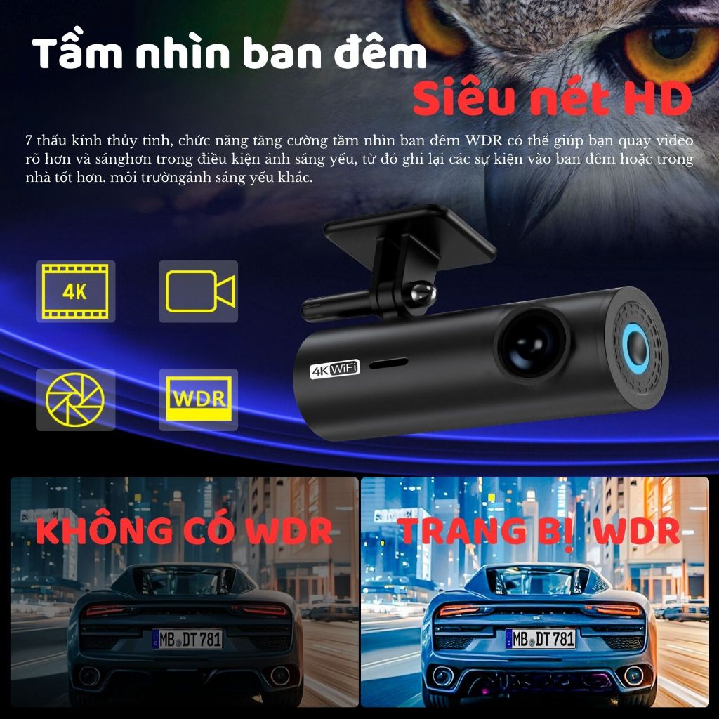 Camera hành trình 4K WiFi không màn hình 2160P HD, Hàng chính hãng BH 12 tháng