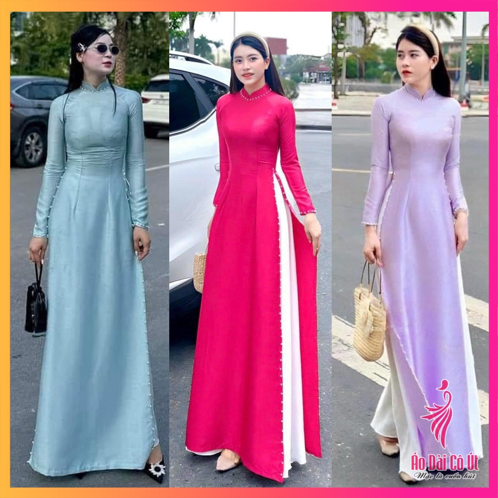 Áo dài nữ truyền thống vải lụa vân gỗ trơn cao cấp 2 tà, đính ngọc ở cổ, tay và tà hàng may sẵn