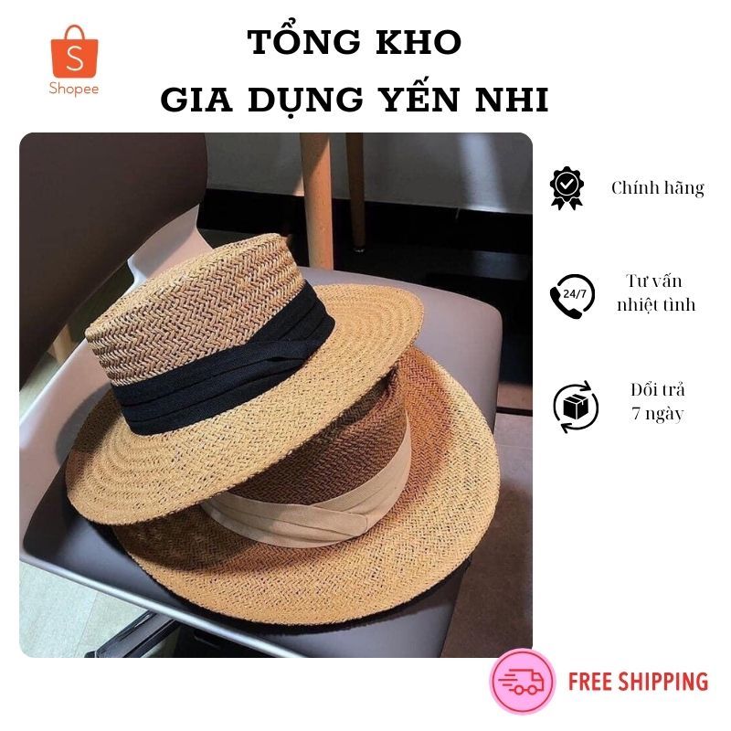 Mũ Cói đi biển rộng vành gắn băng ruy kèm hộp chống mất form nón phong cách Vintage