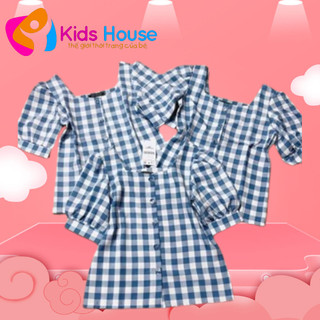 Áo sơ mi babydoll kẻ caro tay bồng cộc tay chất liệu vải thô đũi kẻ cổ rộng sz L H465