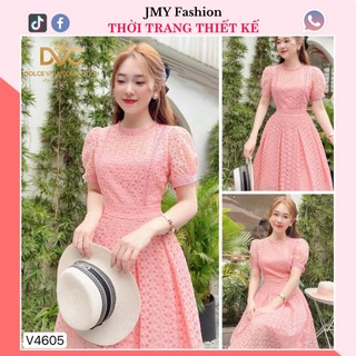 V4605 Váy ren hồng xòe nữ tính đầm ren hoa hồng dáng xòe tiểu thư