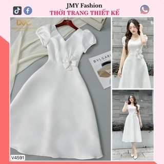 V4591 Váy tafta trắng xòe cổ V thiết kế sang chảnh [Dolce Viva Colection (DVC)] đầm trắng xòe đính hoa eo dự tiệc