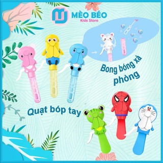 Đồ chơi Quạt bóp tay, Quạt cầm tay kèm đồ chơi thổi bong bóng hình Người nhện, Doremon, Minion - Mèo Béo Kids Store