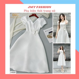 V4591 Váy tafta trắng xòe cổ V tay bồng dự tiệc [Dolce Viva Colection (DVC)] đầm xòe trắng tafta dáng xòe dài sang chảnh