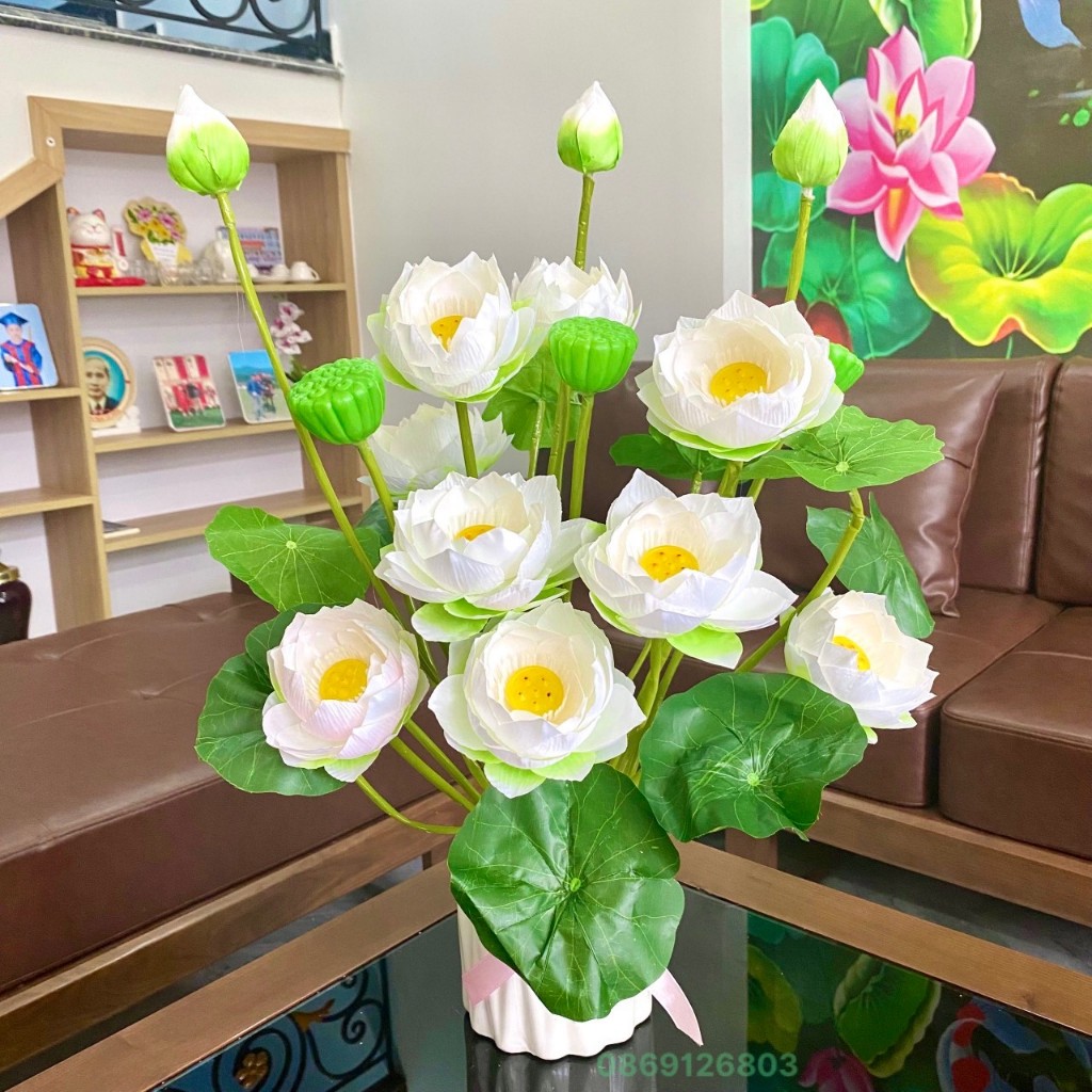 Hoa giả cắm sẵn - Chậu hoa sen giả cao cấp kèm bình sứ trang trí phòng khách, phòng ngủ, bàn trà.