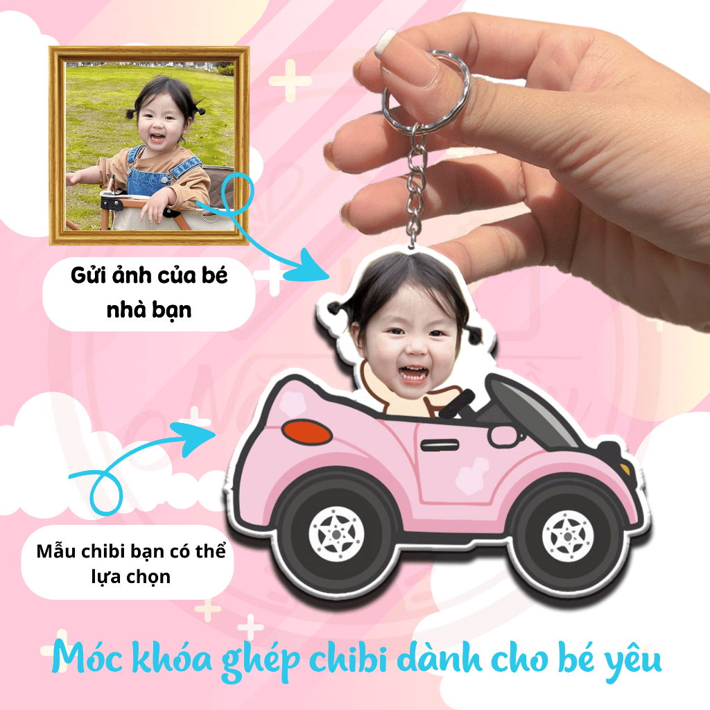 Móc khóa mica ghép ảnh bé vào chibi theo yêu cầu -Thiết kế cho khách xem trước khi in-Phụ kiện balo
