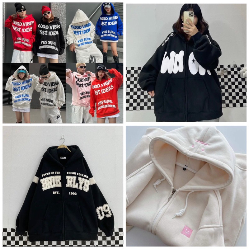 khoác nỉ hoodies zip mũ 2 lớp logo mặt cười đủ size unisex nam nữ | BigBuy360 - bigbuy360.vn