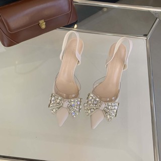 {Sẵn hàng} Giày Slingback gót cao 7p nơ đá sang chảnh