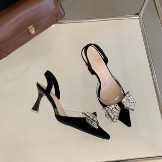 {Sẵn hàng} Giày Slingback gót cao 7p nơ đá sang chảnh