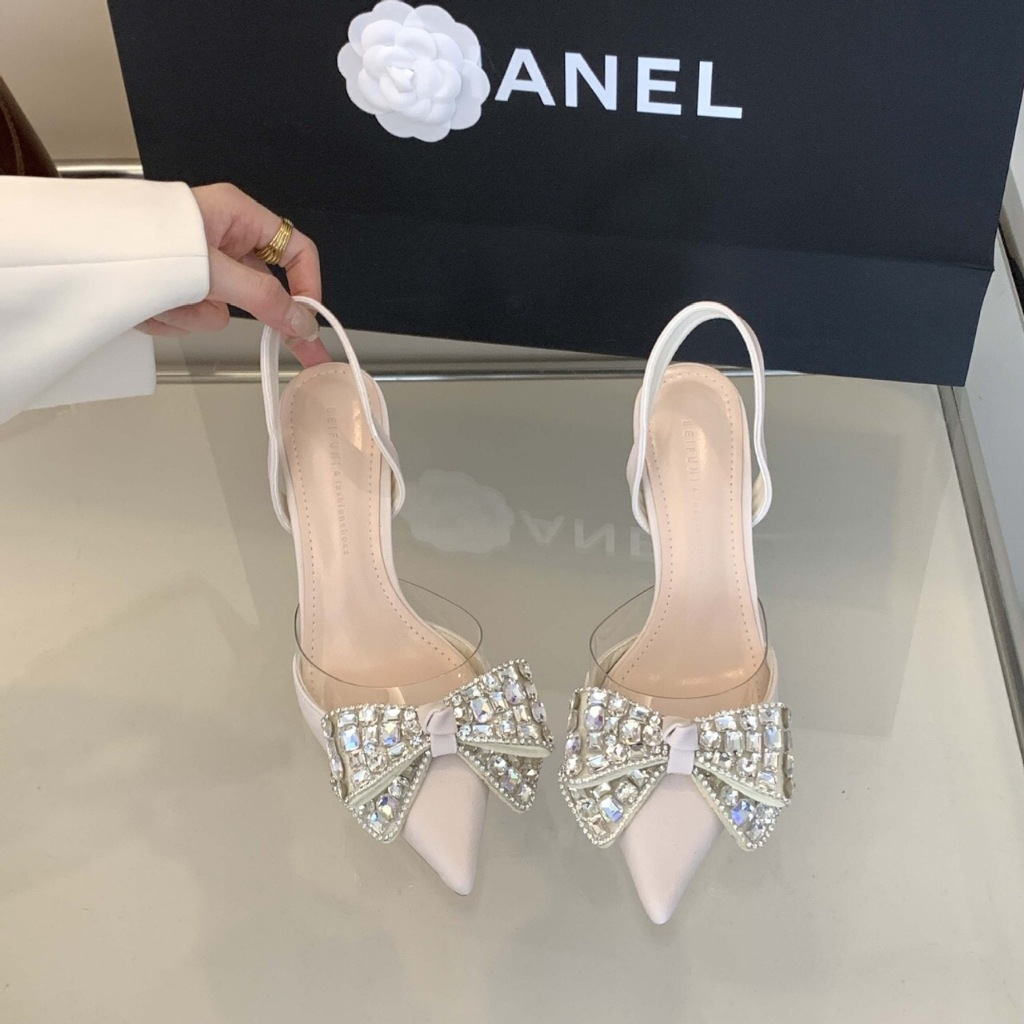 {Sẵn hàng} Giày Slingback gót cao 7p nơ đá sang chảnh