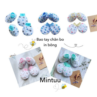 Bao tay chân sơ sinh, bao tay chân bo trắng in bông, cho bé 0-6 tháng (3 - 8 kg) hiệu MINTUU, vải 100% cotton - 3161
