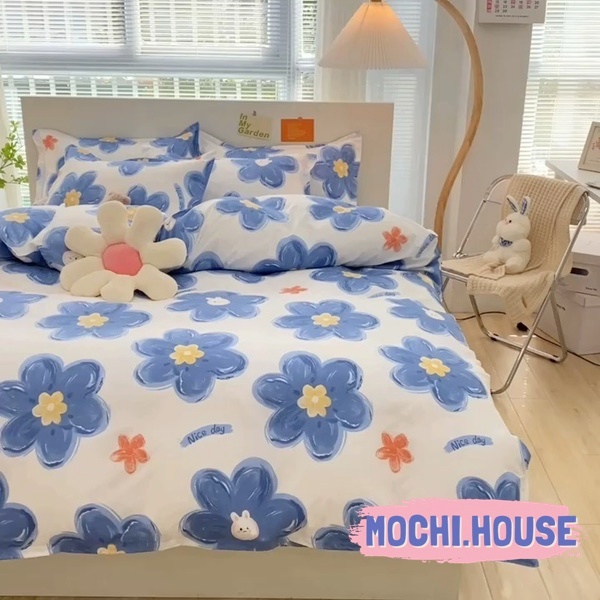 [VẢI SIÊU ĐẸP] BỘ CHĂN GA GỐI COTON POLY HOA XANH CỰC XINH, GA GIƯỜNG ĐẸP