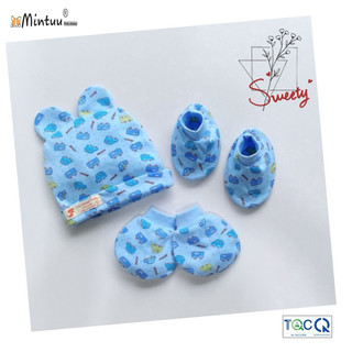 Set Nón sơ sinh tai thỏ, tay chân bo màu in bông, thương hiệu MINTUU - 9042