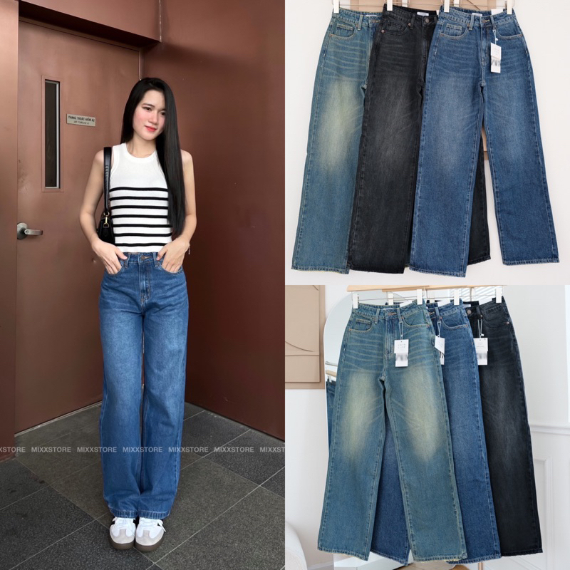 Quần jeans nữ Ống Suông Lưng Cao Denim chất cotton đứng phom tôn dáng