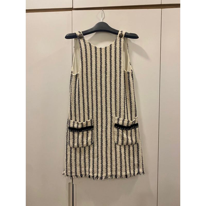 (Góc Pass) Váy Dạ Tweed Be Sọc Đen Liền Thân Chữ A Zara