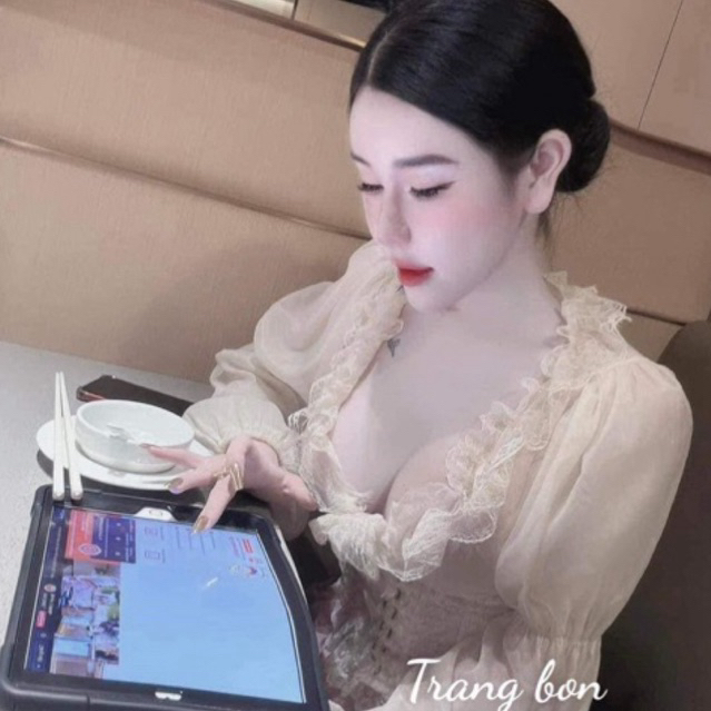 Áo croptop dài tay viền ren sexy có kèm video thật(áo mỏng sexy)