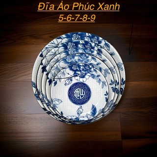 Combo 4 đĩa hoa cổ cao cấp chữ phúc xanh,đĩa gốm sứ đựng món chính hoa xanh cổ