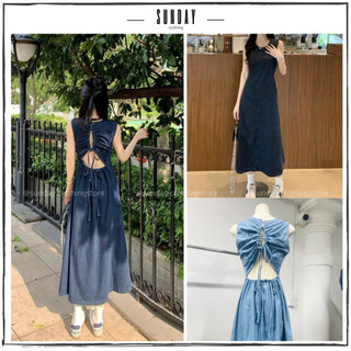 Váy Đầm Denim Buộc Dây Sau, Váy Jean Khoét Lưng Dây Rút Cá Tính - Sunday Clothing DAM011