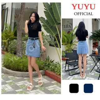 Chân váy jean ngắn YUYU dáng chữ a, chân váy vải bò cạp cao tôn dáng phong cách Hàn Quốc N2
