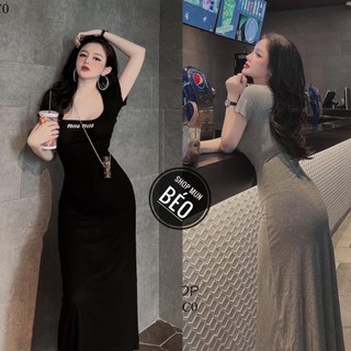 Đầm Body Form Dài Dáng Xòe Cổ Vuông Tay Ngắn Chất Thun Gân , Mặc Đi Tiệc Đi Làm Đi Chơi