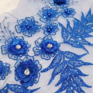 Hoa thêu 3D bông mai xanh dương đính đá xoàn trang trí áo quần váy đầm dài