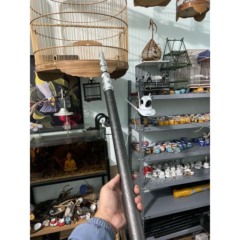 Sào Carbon đa năng, vợt cá, hái quả, treo lồng chim kèm móc và balo đeo sau lưng