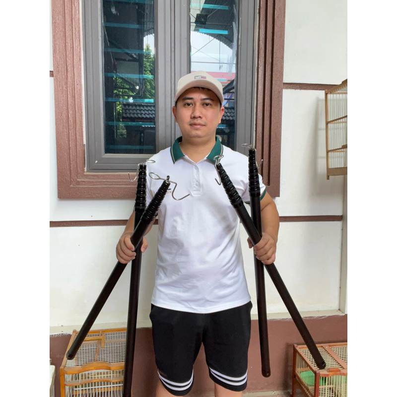 Sào Carbon đa năng, vợt cá, hái quả, treo lồng chim kèm móc và balo đeo sau lưng