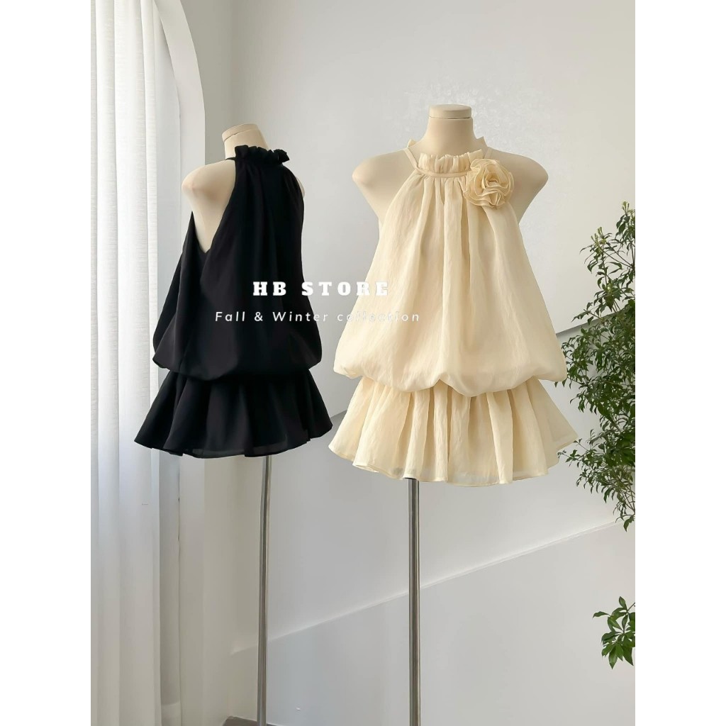 Váy Jumsuit tiểu thư voan bồng, cổ buộc hoa điệu