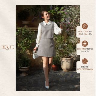 Beautebyv - chân váy kẻ caro chạy ren viền cạp hallue