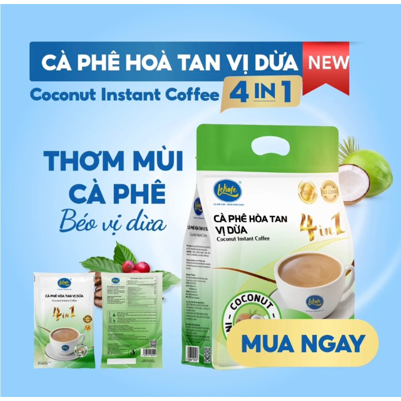 Cà phê hòa tan vị dừa 4in1 Lekofe - 100% cà phê nguyên chất - Thơm nồng béo vị dừa - Túi 24 gói 432g