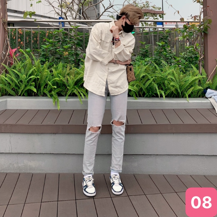 Quần jean nam rách gối to màu xanh nhạt bạc trơn boy phố chất bò cao cấp co dãn 4 chiều form dáng skinny Havado08 mới