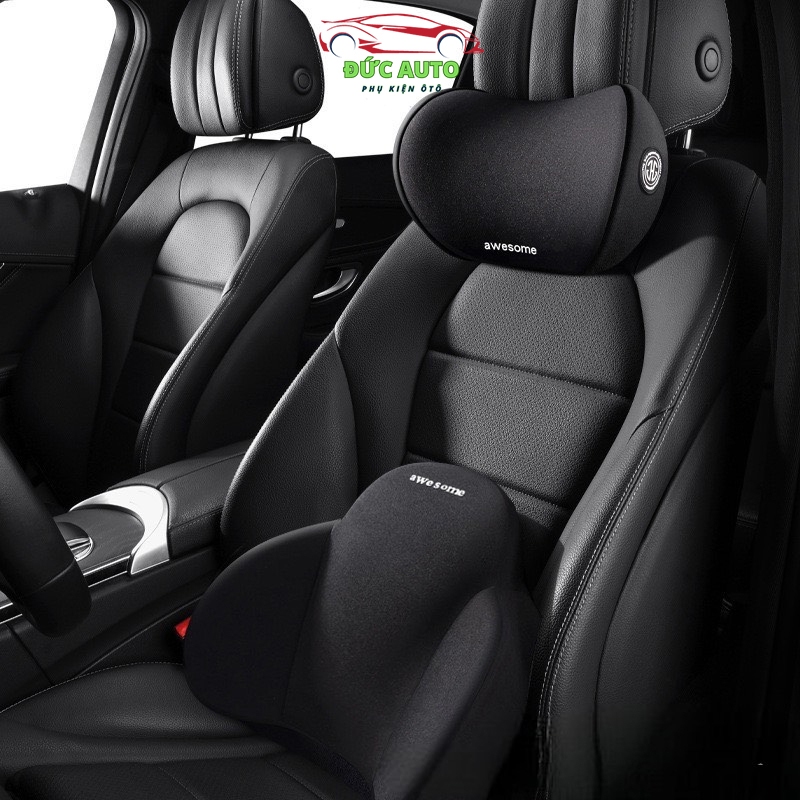Gối Tựa Đầu Tựa Lưng Ô Tô Cao Su Non, Bộ Tựa Đầu Tựa Lưng AWESOME Vỏ Cotton Không Xù Thiết Kế Công T