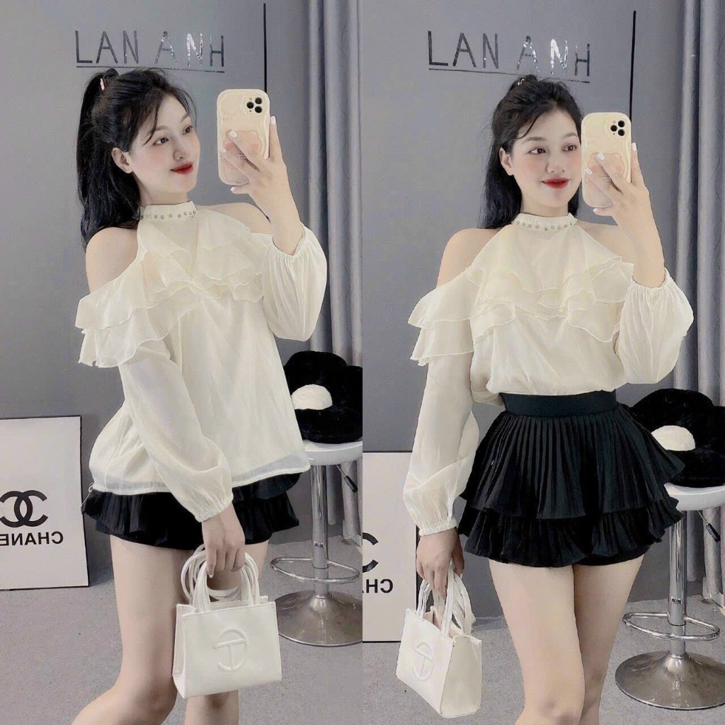 Áo voan tơ cổ yếm trễ vai dài tay - Hoa Hoa