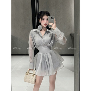Váy tơ cổ sơmi chiết eo xoè bồng kèm hoa cổ