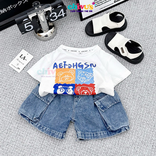 Đồ bộ bé trai chất cotton kèm quần bò túi hộp đầy cá tính cho bé 10 - 30kg