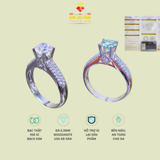 Nhẫn Moissanite kiểu đá chủ 6.5mm màu trắng, Nhẫn bạc nữ xi bạch kim, Nhẫn kim cương nhân tạo, Đá moissanite màu xanh