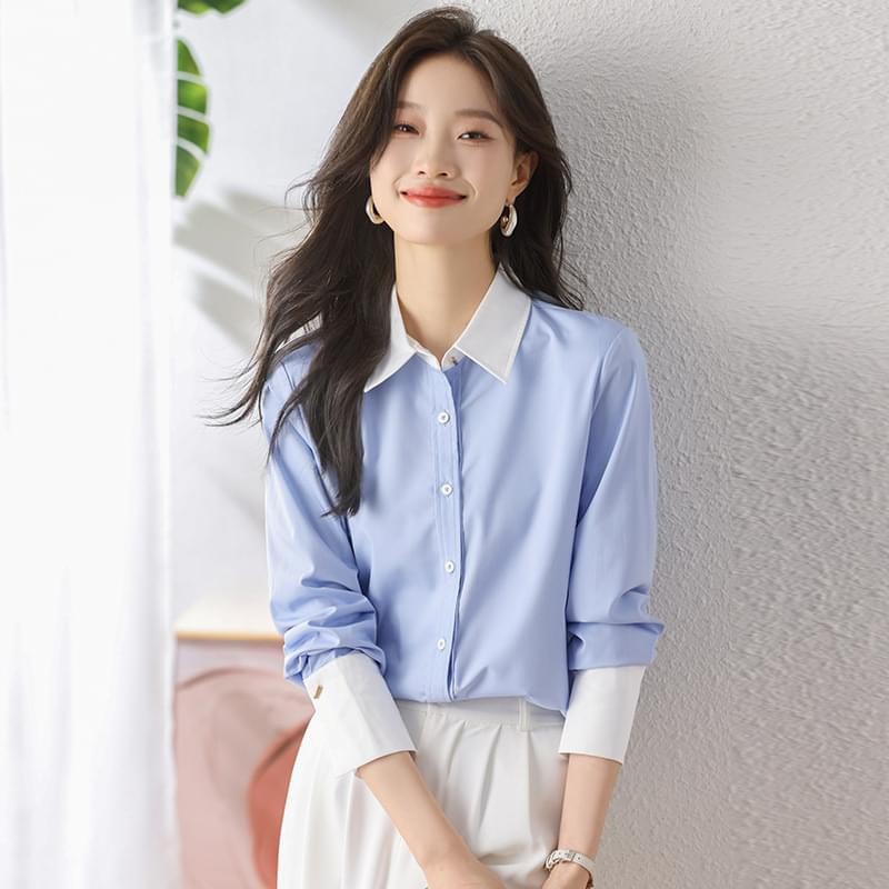 Áo Sơ Mi Nữ Công Sở dáng Basic phối ống tay trắng - SM24