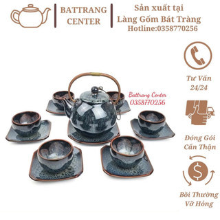 (CẨM LAI XANH)Bộ Ấm Chén Pha Trà Hoả Biến Bát Tràng-Nghệ Nhân Nguyễn Văn Hải-ấm Siêu