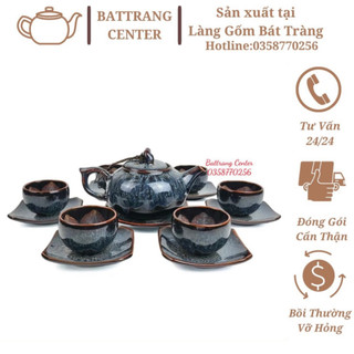 (CẨM LAI XANH)Bộ Ấm Chén Pha Trà Hoả Biến Bát Tràng-Nghệ Nhân Nguyễn Văn Hải-ấm Siêu