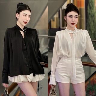  Áo Sơ Mi Lụa Nữ Tag Ngọc Trai Phối Dây Nơ Doll Diva