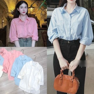 Áo sơ mi nữ trơn túi vuông vạt tôm màu hồng xanh trắng dáng rộng chất thô mềm, sơ mi nữ bassic dễ phối đồ đi học đi chơi