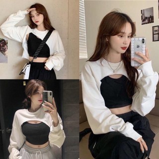 Áo thun dài tay khoét ngực kèm áo 3 lỗ đen, Sét áo thun rose trắng đen tay bồng chất cotton mát mịn cá tính hàn quốc