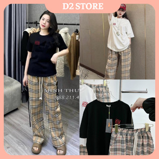 Set bộ đồ nữ áo phông trơn basic logo đỏ mix quần kẻ caro bbr suông dài ống rộng freesize