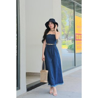 HUMY Set jeans xanh, áo croptop cúp ngực đan dây lưng, có mút mix chân váy dáng suông cutout cá tính