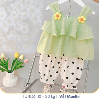 Bộ đồ cho bé gái mùa hè áo dây với quần lửng chấm bi Muslin cao cấp 2024, TUTI136