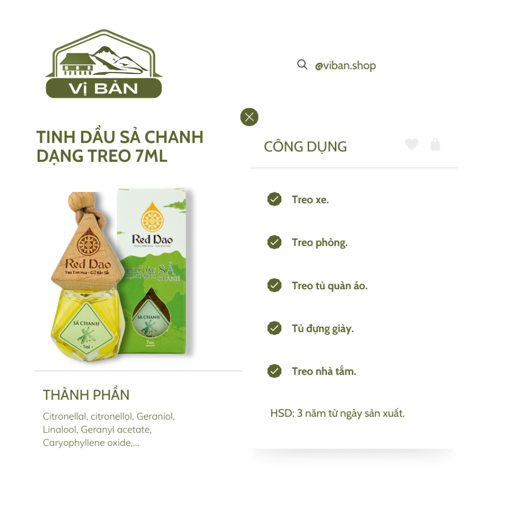 Tinh Dầu Sả Chanh Dạng Treo Red Dao 7ml - Khử Mùi, Đuổi Muỗi, Thư Giãn